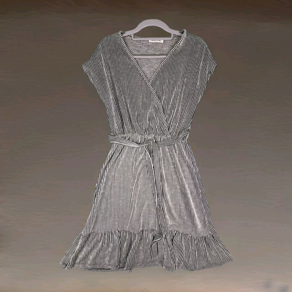 Caution to the Wind Dress V Neck Faux Wrap Stripe